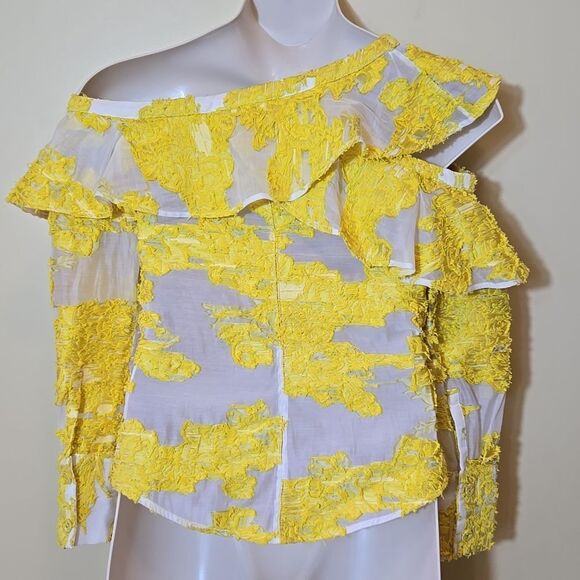Self Portrait Yellow Floral Fil Coupe Asymetric Mesh Ruffled Top Off Shoulder - Picture 5 of 16